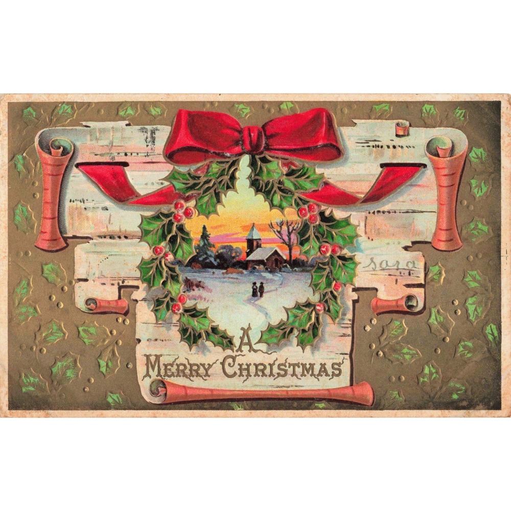 Vintage 1910 Embossed Christmas Postcard Winter Church Wreath Gilded H Wessler - Picture 1 of 2